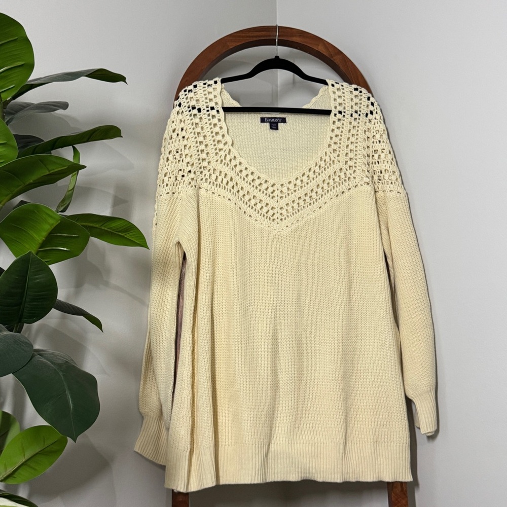 Roaman's 1X 22/24 Cream Crochet Knit Sweater